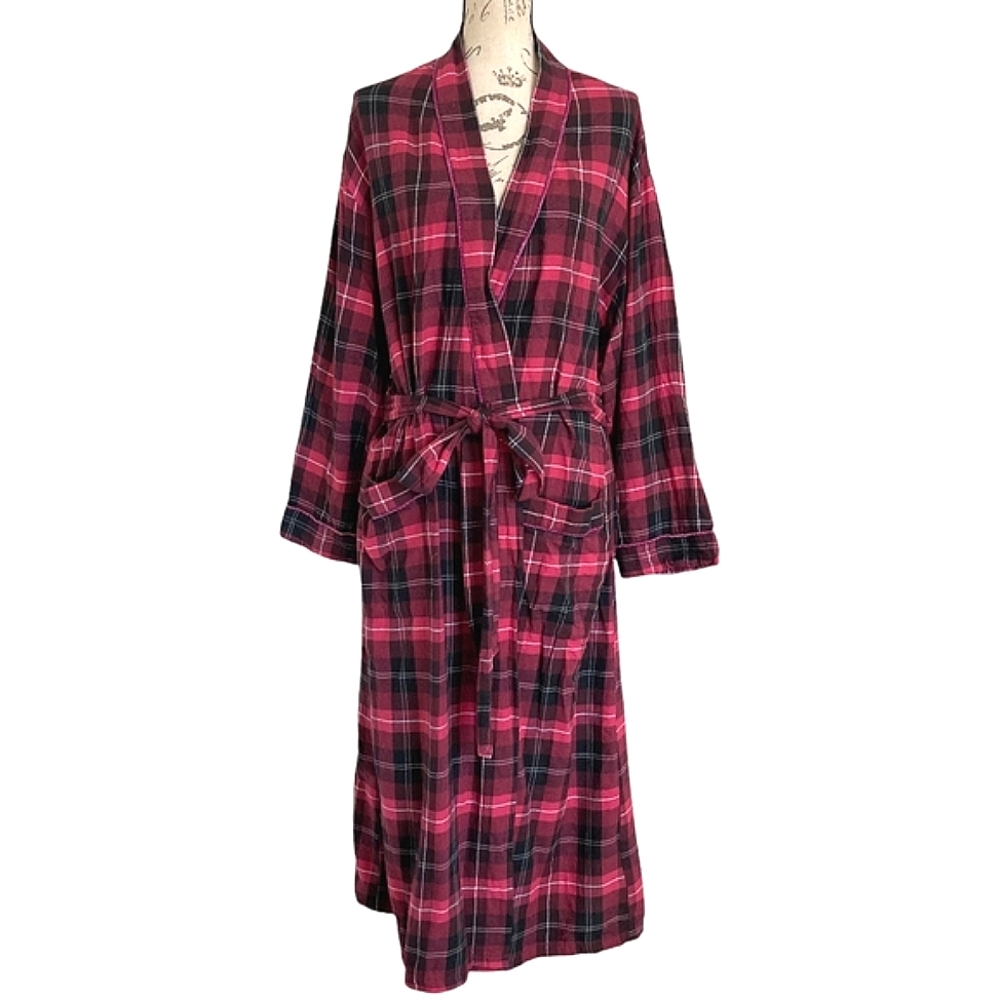SOLD Eileen West plaid tartan black Pink Christmas long Robe cotton Classic L - Picture 1 of 17